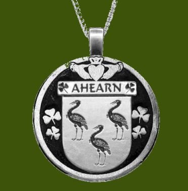Image 0 of Ahearn Irish Coat Of Arms Claddagh Round Pewter Family Crest Pendant