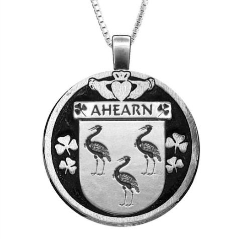 Image 1 of Ahearn Irish Coat Of Arms Claddagh Round Pewter Family Crest Pendant