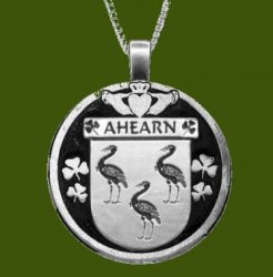 Ahearn Irish Coat Of Arms Claddagh Round Pewter Family Crest Pendant