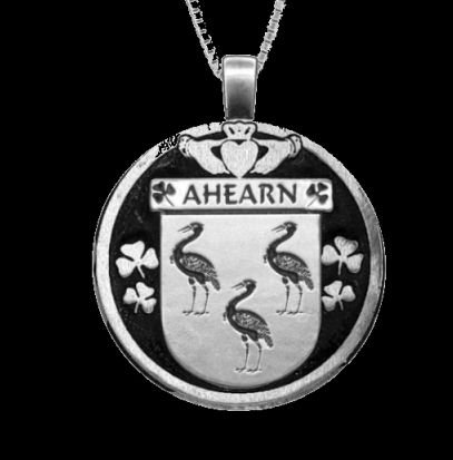 Image 0 of Ahearn Irish Coat Of Arms Claddagh Round Silver Family Crest Pendant