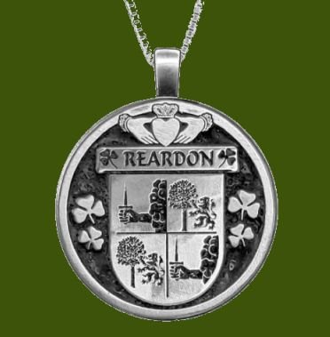 Image 0 of Reardon Irish Coat Of Arms Claddagh Round Pewter Family Crest Pendant