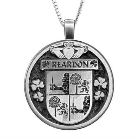 Image 1 of Reardon Irish Coat Of Arms Claddagh Round Pewter Family Crest Pendant