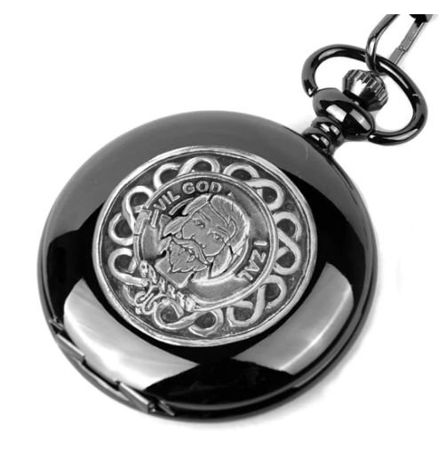 Image 1 of Menzies Clan Badge Silver Clan Crest Black Hunter Pocket Watch