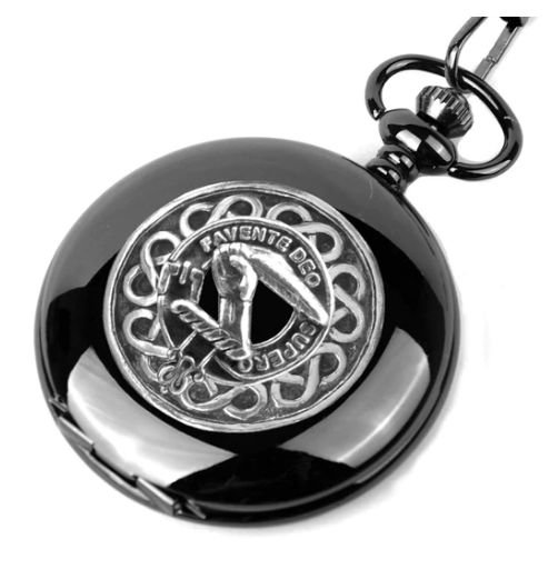 Image 1 of Mitchell Clan Badge Silver Clan Crest Black Hunter Pocket Watch