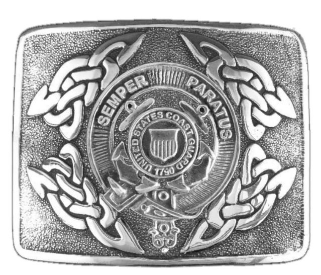 Image 1 of United States Coast Guard Badge Interlace Mens Sterling Silver Kilt Belt Buckle