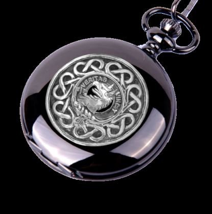 Image 0 of Allison Clan Badge Silver Clan Crest Black Hunter Pocket Watch
