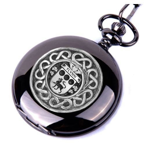 Image 1 of Flynn Irish Coat Of Arms Pewter Family Crest Black Hunter Pocket Watch