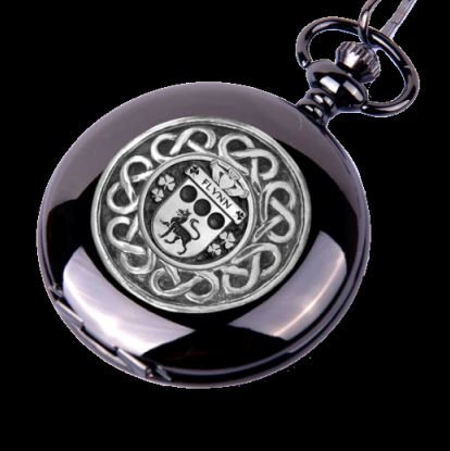 Image 0 of Flynn Irish Coat Of Arms Silver Family Crest Black Hunter Pocket Watch