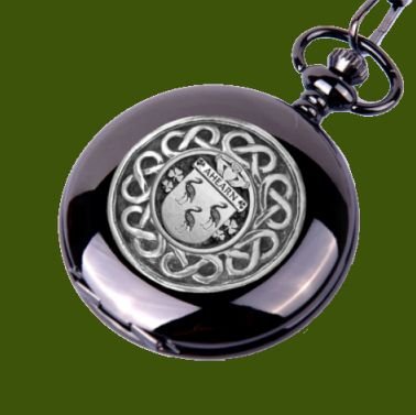 Image 0 of Ahearn Irish Coat Of Arms Pewter Family Crest Black Hunter Pocket Watch