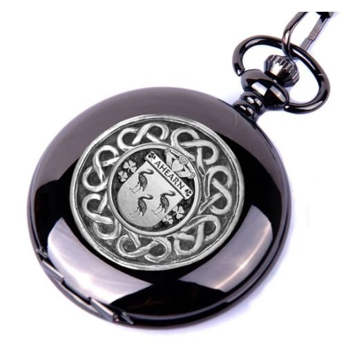 Image 1 of Ahearn Irish Coat Of Arms Pewter Family Crest Black Hunter Pocket Watch