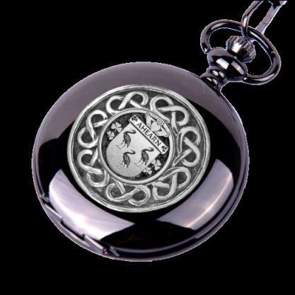 Image 0 of Ahearn Irish Coat Of Arms Silver Family Crest Black Hunter Pocket Watch