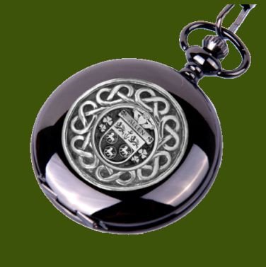 Image 0 of Allen Irish Coat Of Arms Pewter Family Crest Black Hunter Pocket Watch