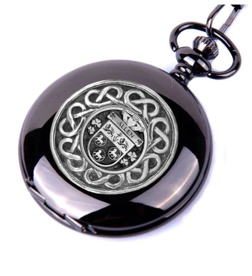 Image 1 of Allen Irish Coat Of Arms Pewter Family Crest Black Hunter Pocket Watch