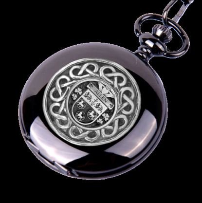 Image 0 of Allen Irish Coat Of Arms Silver Family Crest Black Hunter Pocket Watch