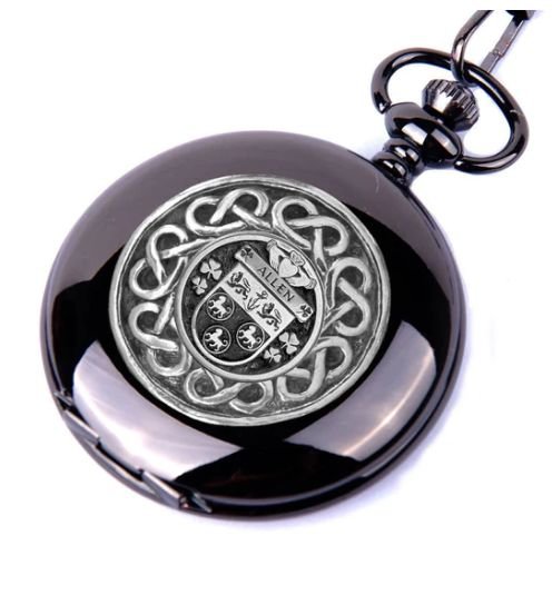 Image 1 of Allen Irish Coat Of Arms Silver Family Crest Black Hunter Pocket Watch