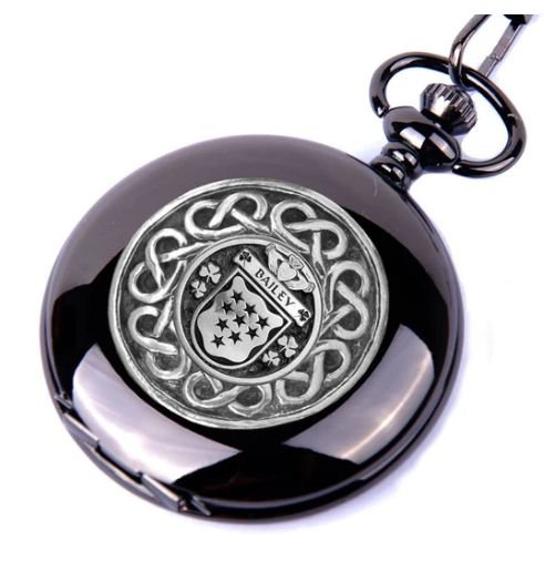Image 1 of Bailey Irish Coat Of Arms Pewter Family Crest Black Hunter Pocket Watch
