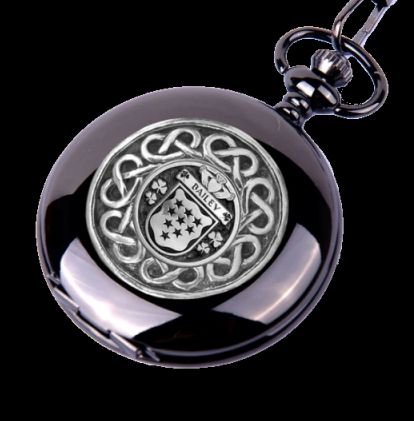 Image 0 of Bailey Irish Coat Of Arms Silver Family Crest Black Hunter Pocket Watch