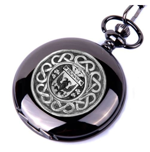 Image 1 of Browne Irish Coat Of Arms Pewter Family Crest Black Hunter Pocket Watch