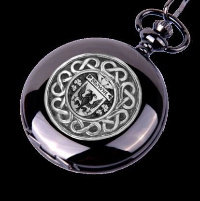 Image 0 of Browne Irish Coat Of Arms Silver Family Crest Black Hunter Pocket Watch