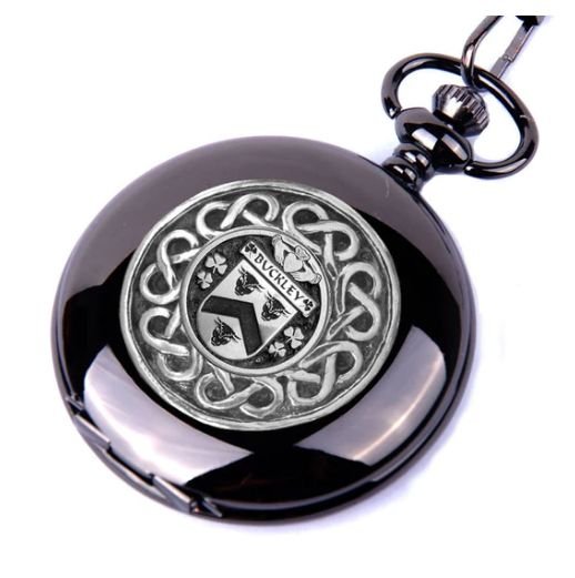 Image 1 of Buckley Irish Coat Of Arms Pewter Family Crest Black Hunter Pocket Watch