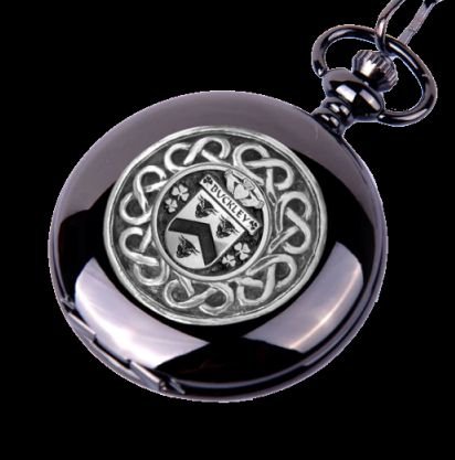 Image 0 of Buckley Irish Coat Of Arms Silver Family Crest Black Hunter Pocket Watch