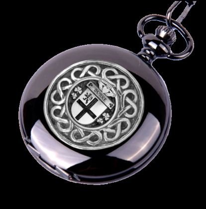 Image 0 of Burke Irish Coat Of Arms Silver Family Crest Black Hunter Pocket Watch