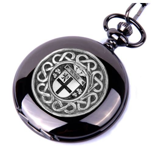 Image 1 of Burke Irish Coat Of Arms Silver Family Crest Black Hunter Pocket Watch