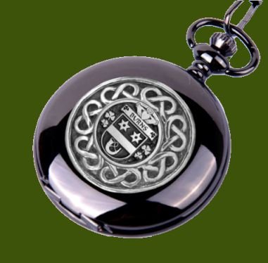 Image 0 of Burns Irish Coat Of Arms Pewter Family Crest Black Hunter Pocket Watch