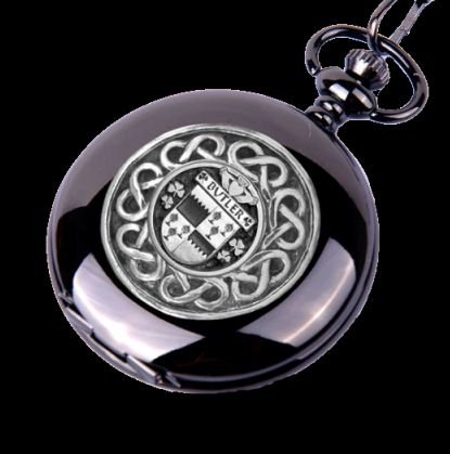 Image 0 of Butler Irish Coat Of Arms Silver Family Crest Black Hunter Pocket Watch