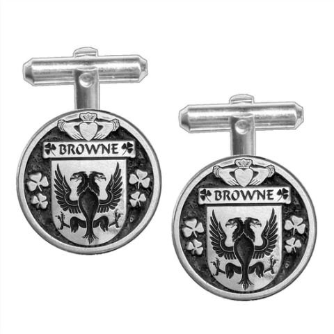 Image 1 of Browne Irish Coat Of Arms Claddagh Stylish Pewter Family Crest Cufflinks