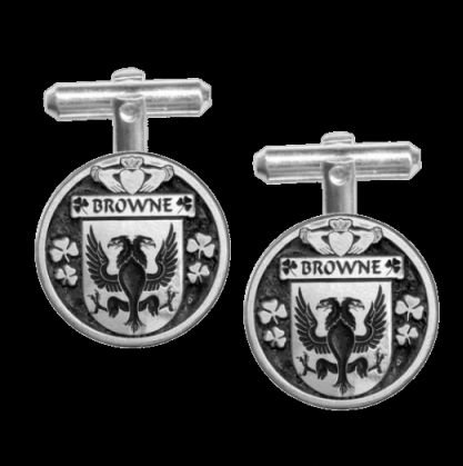 Image 0 of Browne Irish Coat Of Arms Claddagh Sterling Silver Family Crest Cufflinks