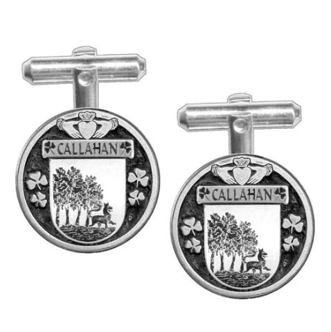 Image 1 of Callahan Irish Coat Of Arms Claddagh Sterling Silver Family Crest Cufflinks