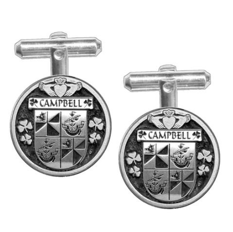 Image 1 of Campbell Irish Coat Of Arms Claddagh Stylish Pewter Family Crest Cufflinks