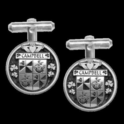 Image 0 of Campbell Irish Coat Of Arms Claddagh Sterling Silver Family Crest Cufflinks