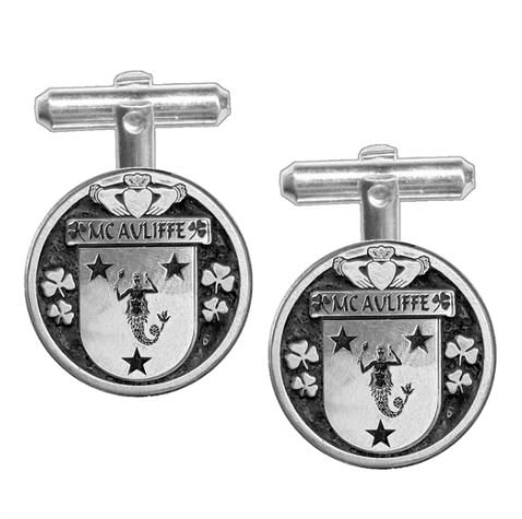 Image 1 of McAuliffe Irish Coat Of Arms Claddagh Sterling Silver Family Crest Cufflinks