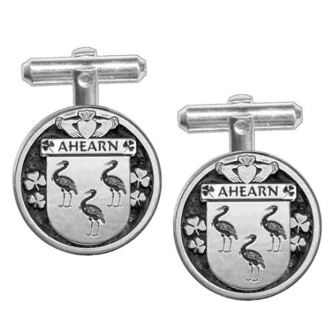 Image 1 of Ahearn Irish Coat Of Arms Claddagh Stylish Pewter Family Crest Cufflinks