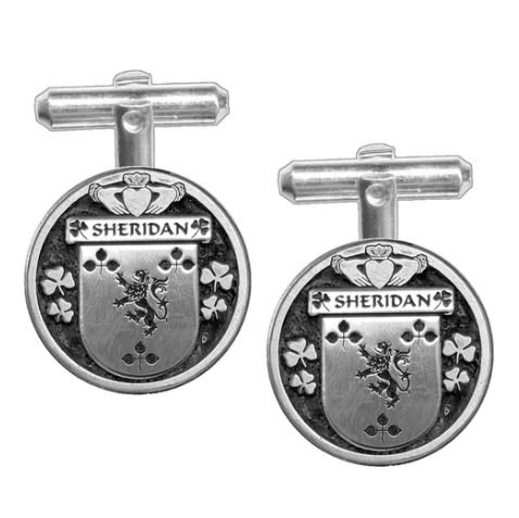 Image 1 of Sheridan Irish Coat Of Arms Claddagh Stylish Pewter Family Crest Cufflinks