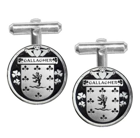 Image 1 of Gallagher Irish Coat Of Arms Claddagh Stylish Pewter Family Crest Cufflinks