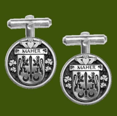 Image 0 of Maher Irish Coat Of Arms Claddagh Stylish Pewter Family Crest Cufflinks