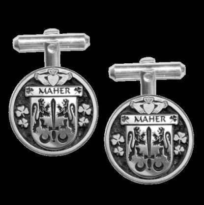 Image 0 of Maher Irish Coat Of Arms Claddagh Sterling Silver Family Crest Cufflinks