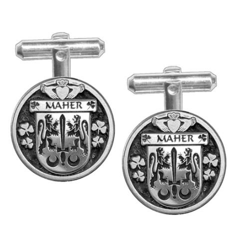Image 1 of Maher Irish Coat Of Arms Claddagh Sterling Silver Family Crest Cufflinks