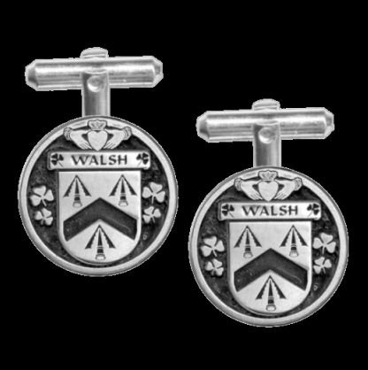 Image 0 of Walsh Irish Coat Of Arms Claddagh Sterling Silver Family Crest Cufflinks