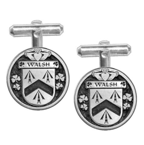Image 1 of Walsh Irish Coat Of Arms Claddagh Sterling Silver Family Crest Cufflinks