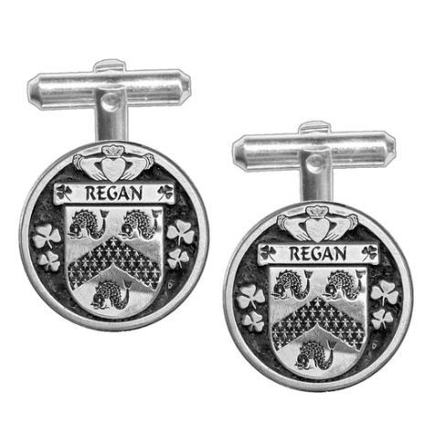 Image 1 of Regan Irish Coat Of Arms Claddagh Sterling Silver Family Crest Cufflinks