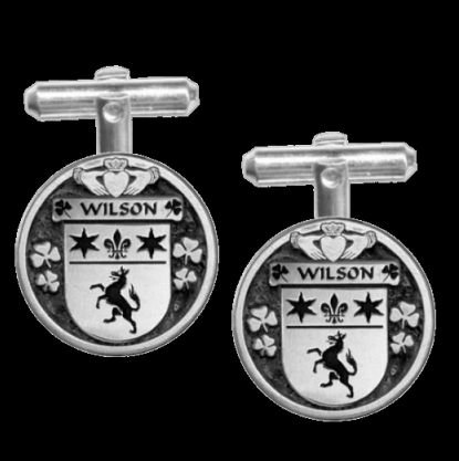 Image 0 of Wilson Irish Coat Of Arms Claddagh Sterling Silver Family Crest Cufflinks