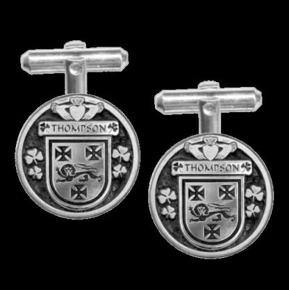Image 0 of Thompson Irish Coat Of Arms Claddagh Sterling Silver Family Crest Cufflinks