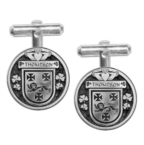 Image 1 of Thompson Irish Coat Of Arms Claddagh Sterling Silver Family Crest Cufflinks