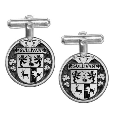 Image 1 of Sullivan Irish Coat Of Arms Claddagh Stylish Pewter Family Crest Cufflinks