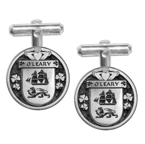 Image 1 of OLeary Irish Coat Of Arms Claddagh Stylish Pewter Family Crest Cufflinks