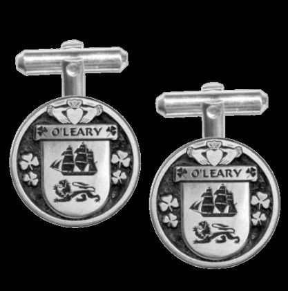 Image 0 of OLeary Irish Coat Of Arms Claddagh Sterling Silver Family Crest Cufflinks